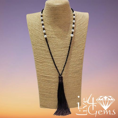 Potato Pearl, Black Spinel with Brown Silk Tassel Gemstone Necklace