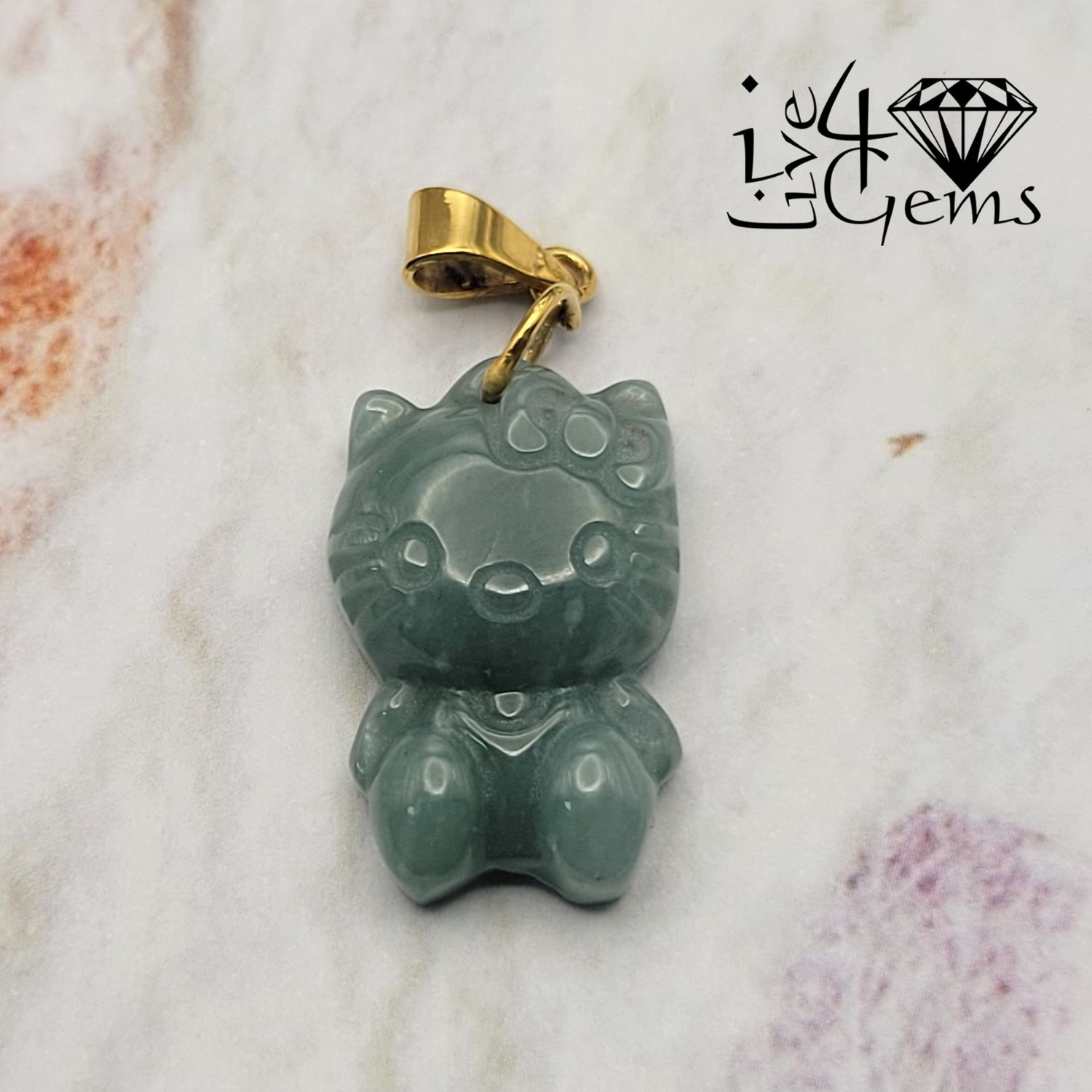 10kty Green Jade Hello Kitty Pendant 2cm