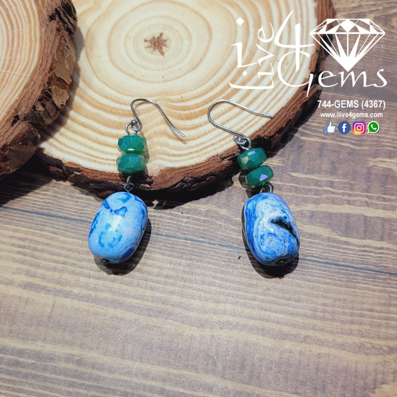 Gemstone Earring Blue Agate  Barrel Shape Green Crystals
