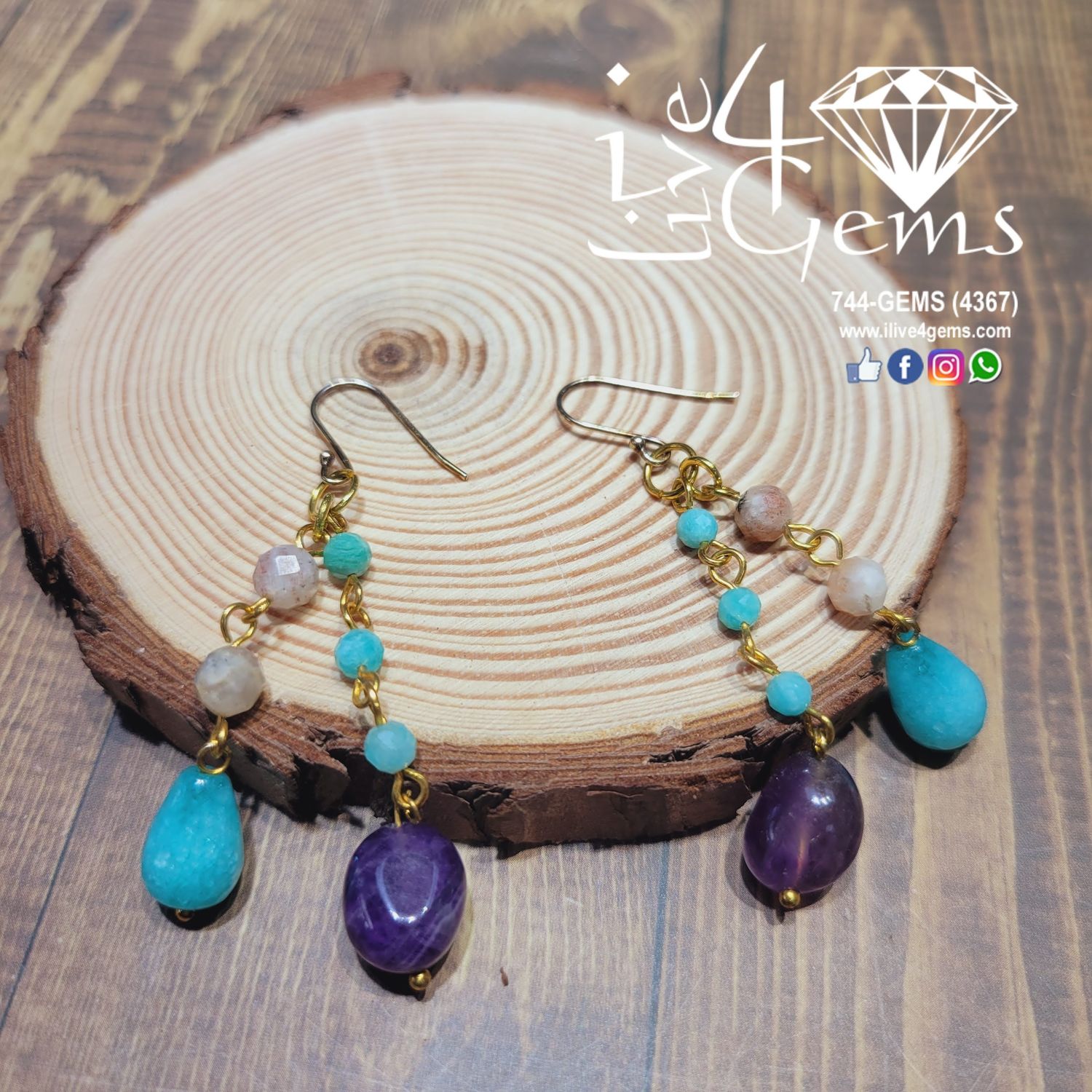 Gemstone Earring Amazonite,Strawberry Quartz, Amethyst