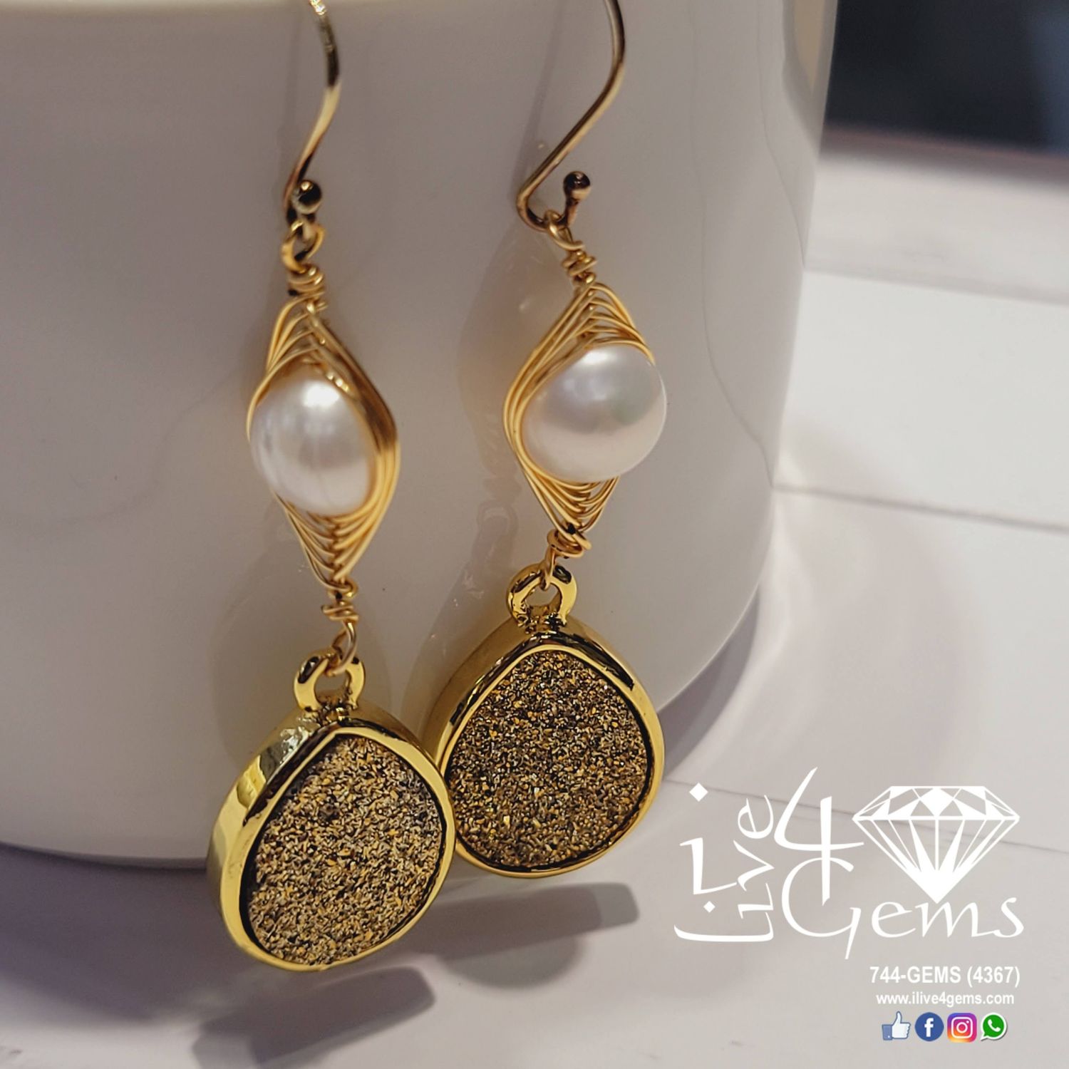 Gemstone Earring Druzy Tear Drop Pearl