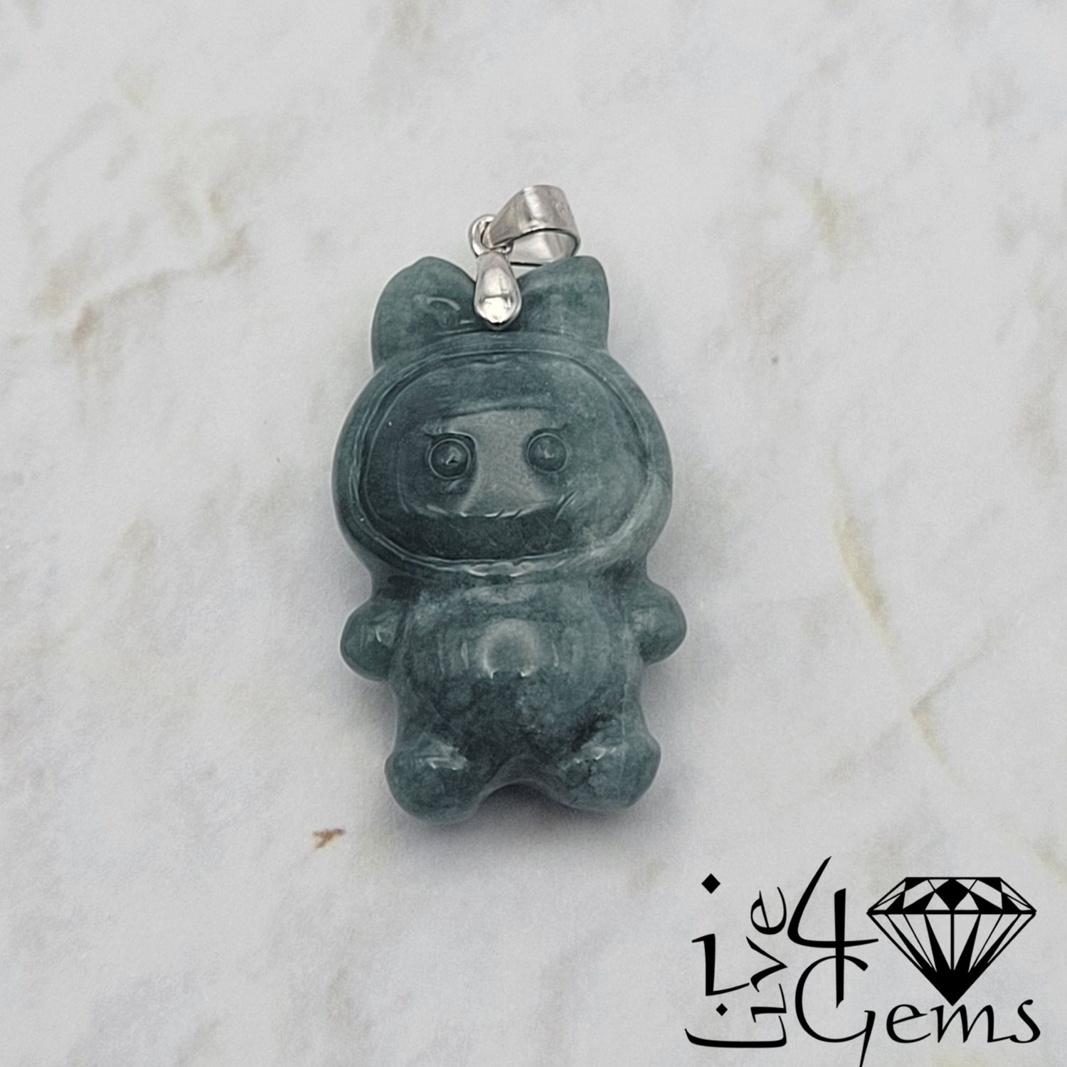 Silver Green Jade Labubu Pendant 3cm