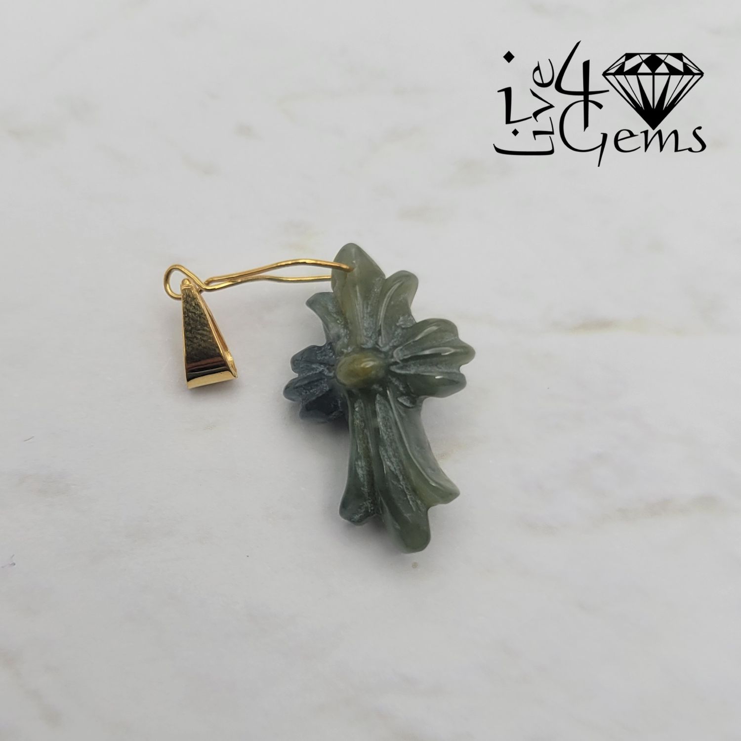 10kty Moss Green Jade Carved Cross Pendant 2cm