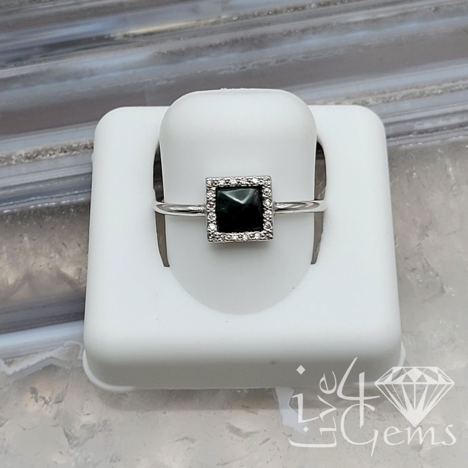 Silver Square CZ / Gemstone Ring Malachite 6x6mm