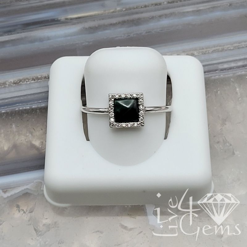 Silver Square CZ / Gemstone Ring Malachite 6x6mm