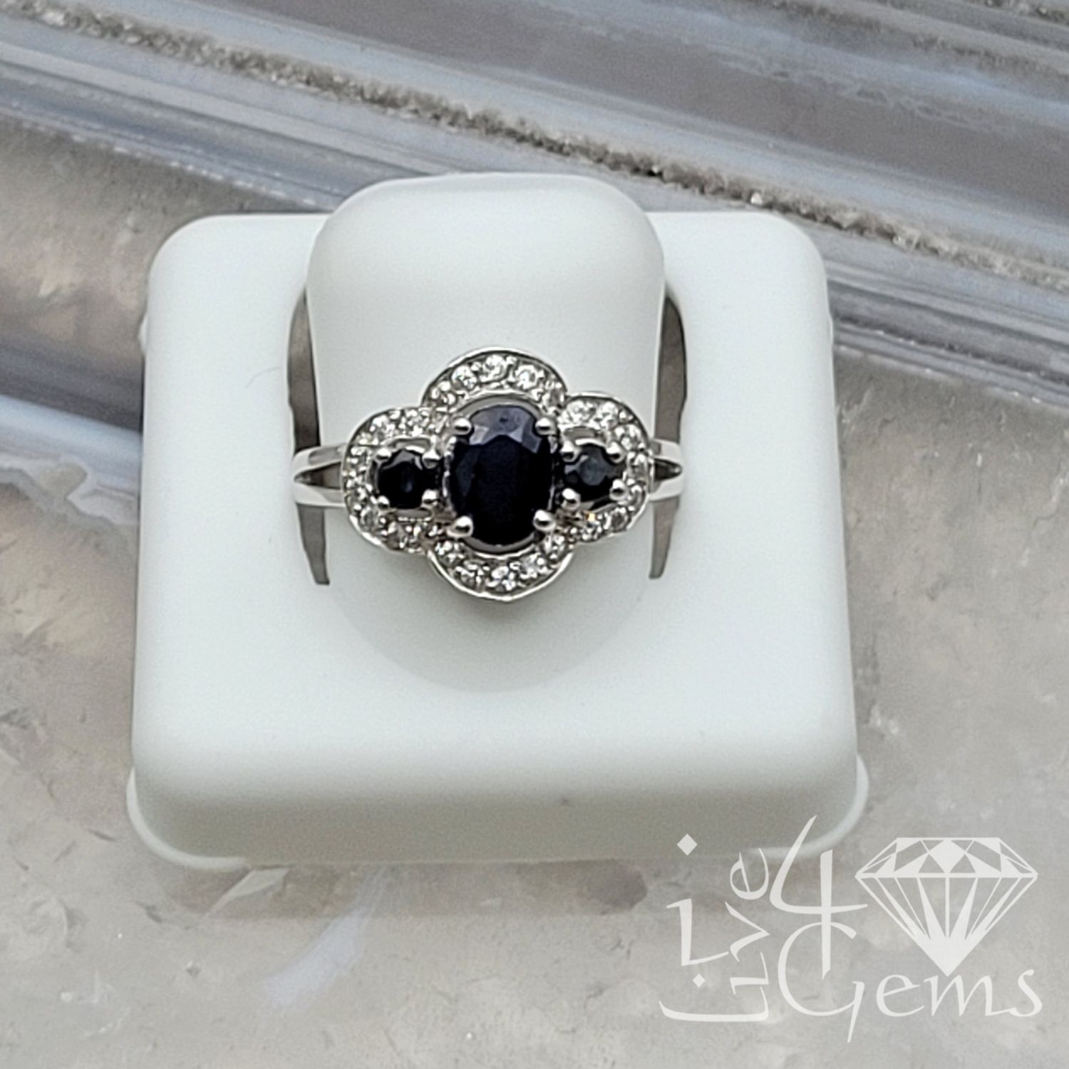 Silver Three Stone Sapphire /Dia 1ct Ring