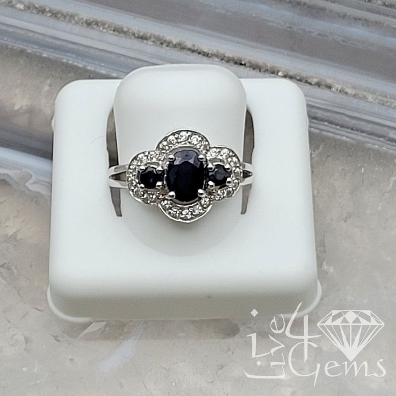 Silver Three Stone Sapphire /Dia 1ct Ring