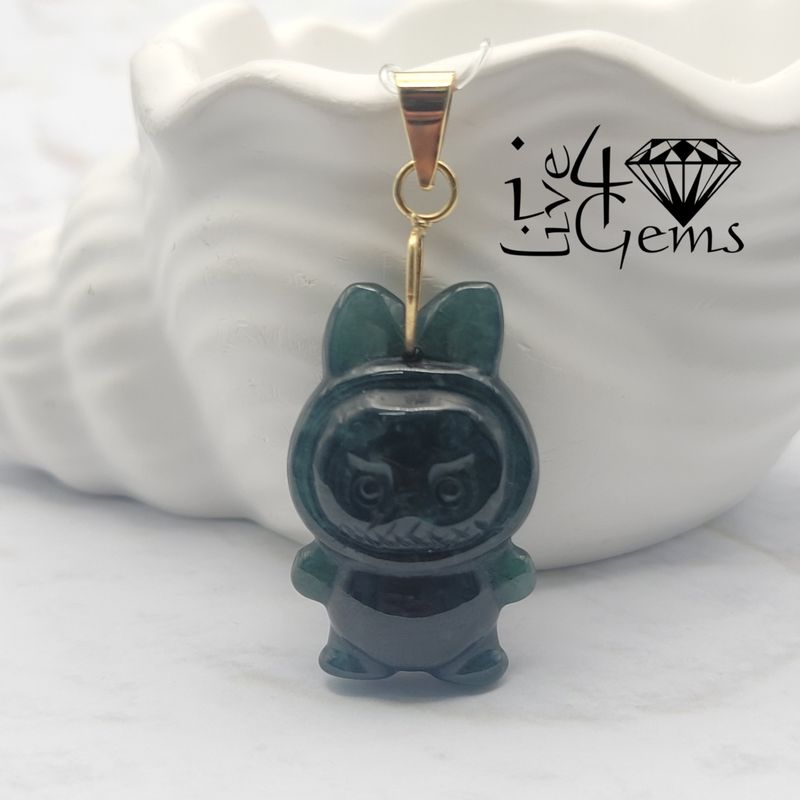 10kty Dark Green Jade Labubu Pendant 3cm