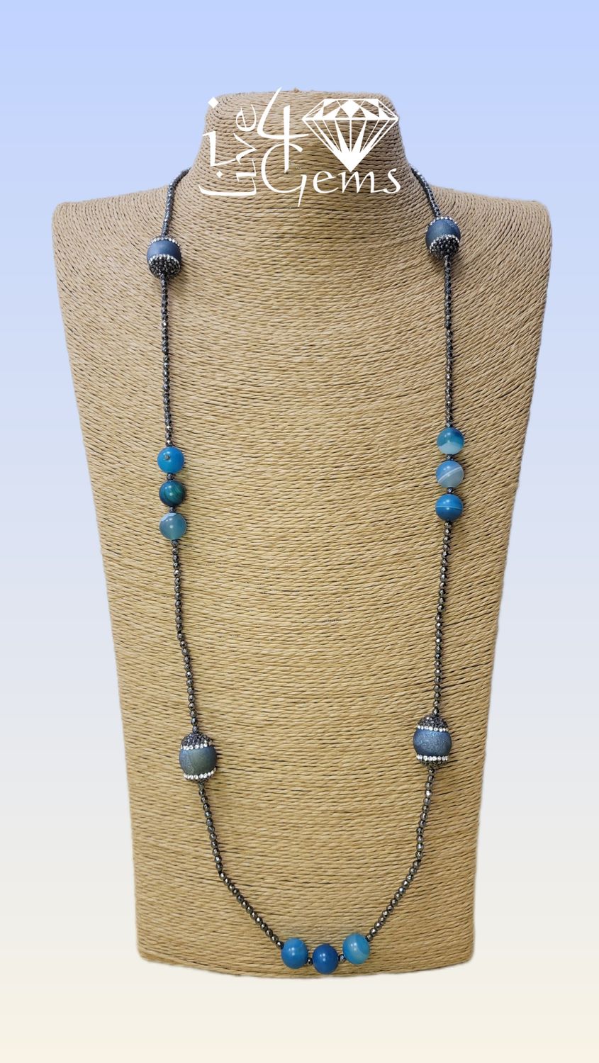 Hematite, Frosty Blue Agate, Druzy Agate Necklace 38&quot;L
