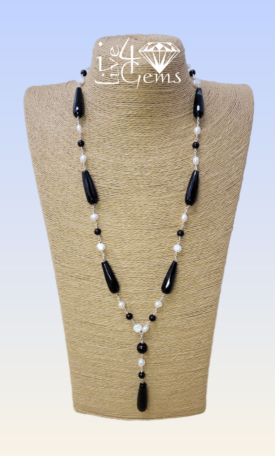 25.5&quot; Black Agate and Cultured Pearl w Onyx Lariat Necklace