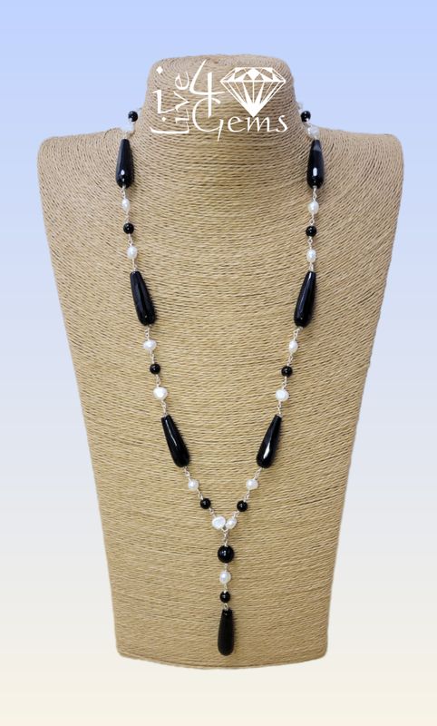 25.5&quot; Black Agate and Cultured Pearl w Onyx Lariat Necklace