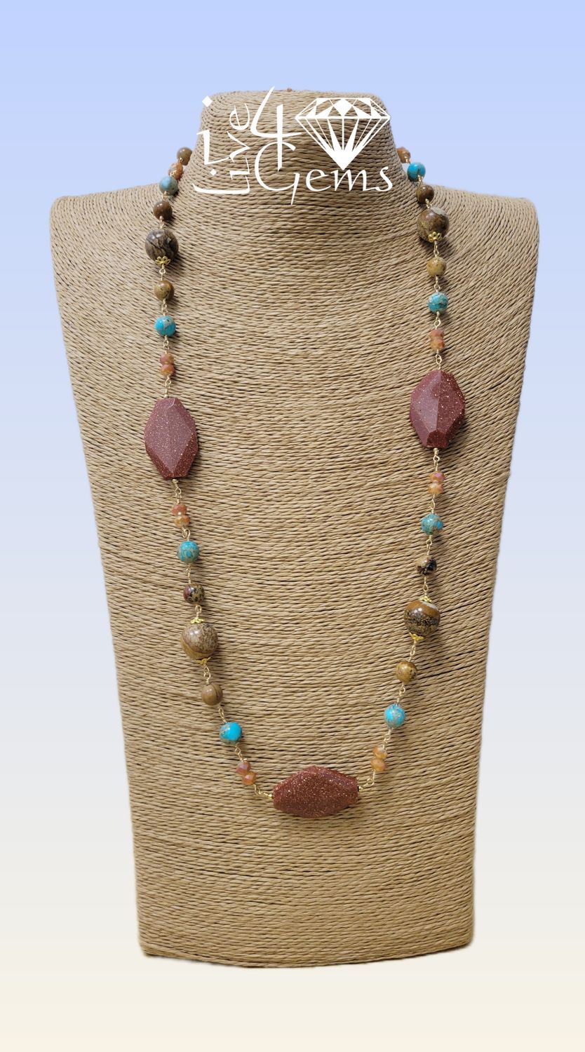 Octagon Gold Stone with Jasper Necklace 32&quot; L