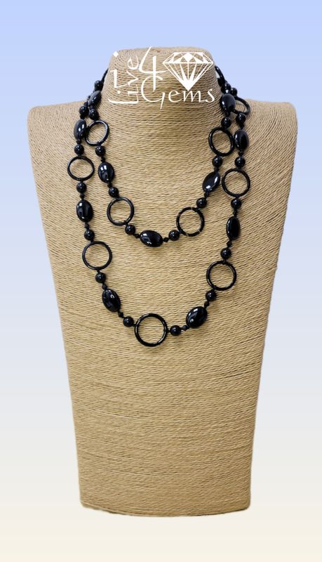 Black Onyx Oval and Ring Shaped Hand Knotted Necklace 42&quot; L