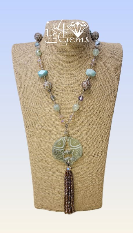Jade, Prehnite, Peruvian Amazonite, Agate, Crystal Carved Jade Fish Shaped Pendant Necklace