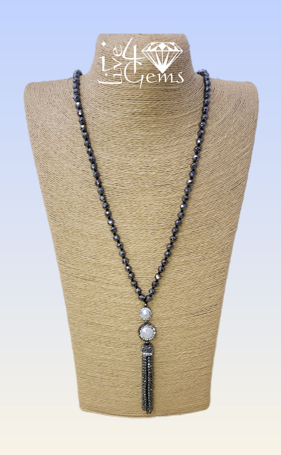 Hematite Druzy Coin Pearl Hand Strung Necklace 39&quot;L Tassel 3&quot;L