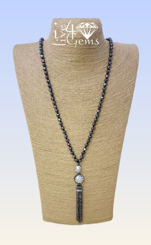 Hematite Druzy Coin Pearl Hand Strung Necklace 39&quot;L Tassel 3&quot;L