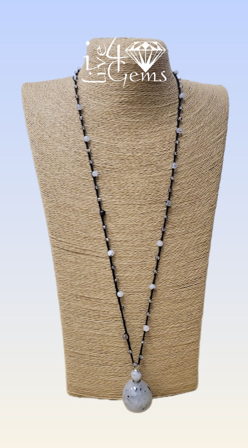 Black Rutilated Quartz Perfume Bottle Pendant Necklace 30&quot;L