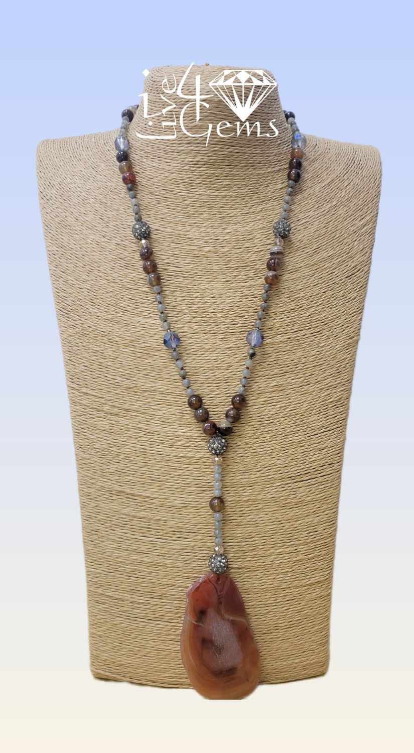 Geo Slap Brown Agate Pend, Labradorite 4mm,Crystal, 29.5&quot;L