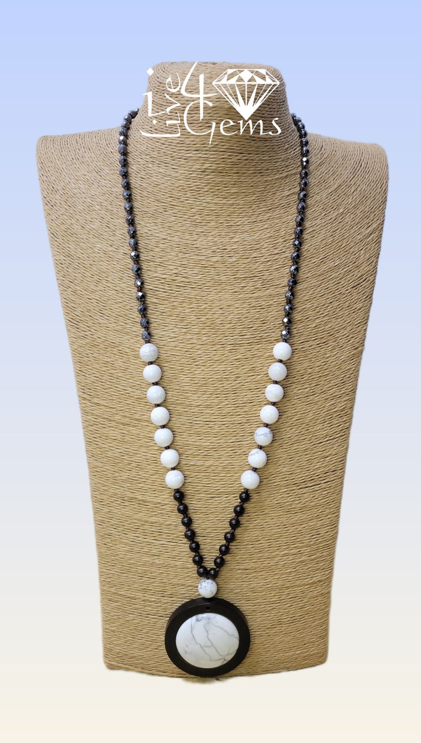Howlite inlaid in Wooden Base, Hematite, Wood Bead
