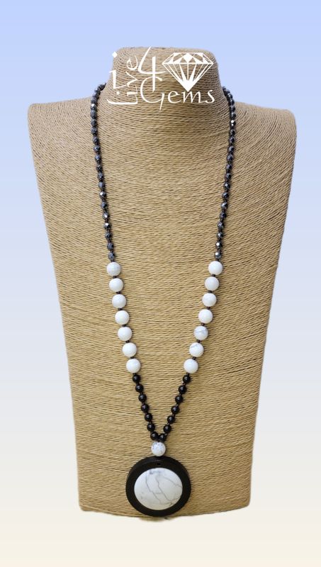 Howlite Inlaid Wooden Base, Hematite, Wood Bead Necklace