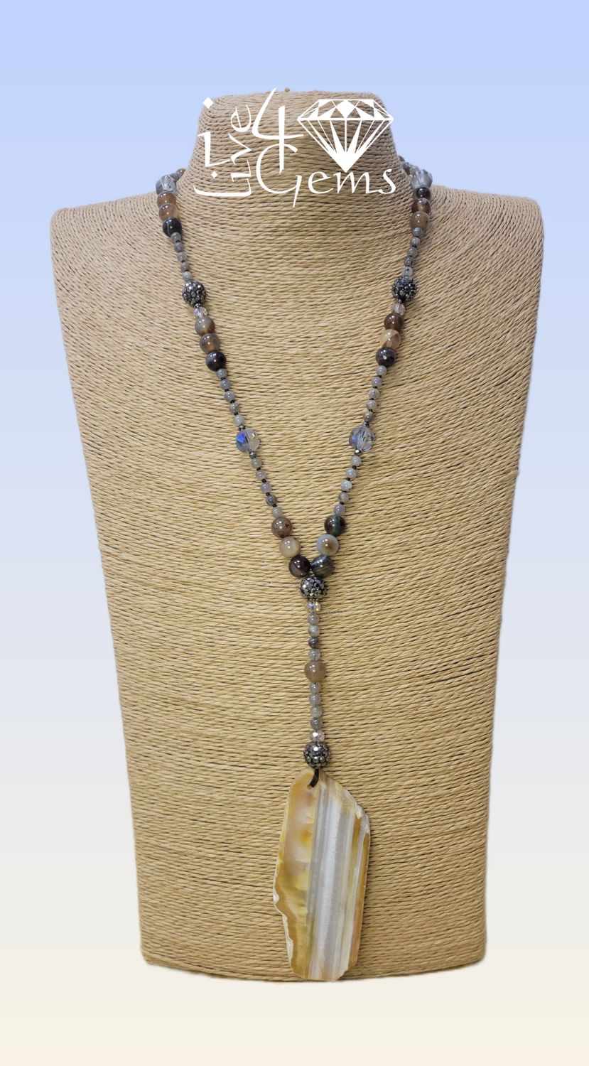 Geo Slap Striped Agate Pendant, Labradorite 4mm,Crystal, 29.5&quot;L