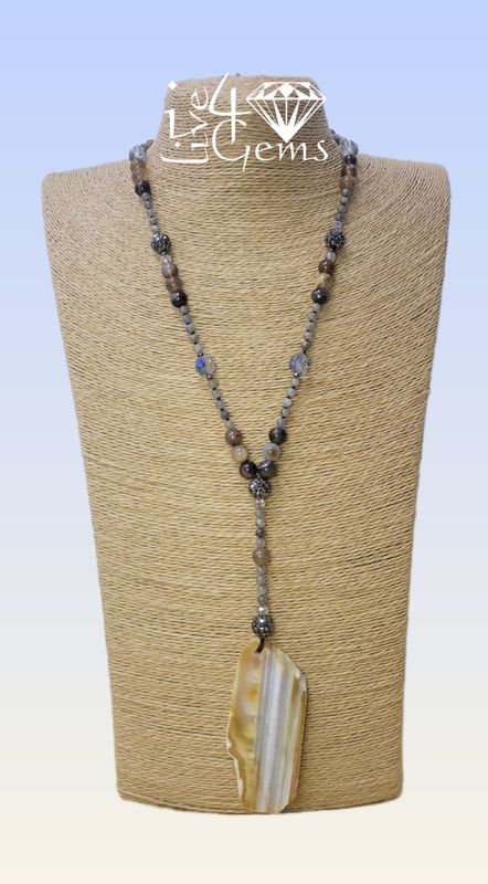 Geo Slap Striped Agate Pendant, Labradorite 4mm,Crystal, 29.5&quot;L