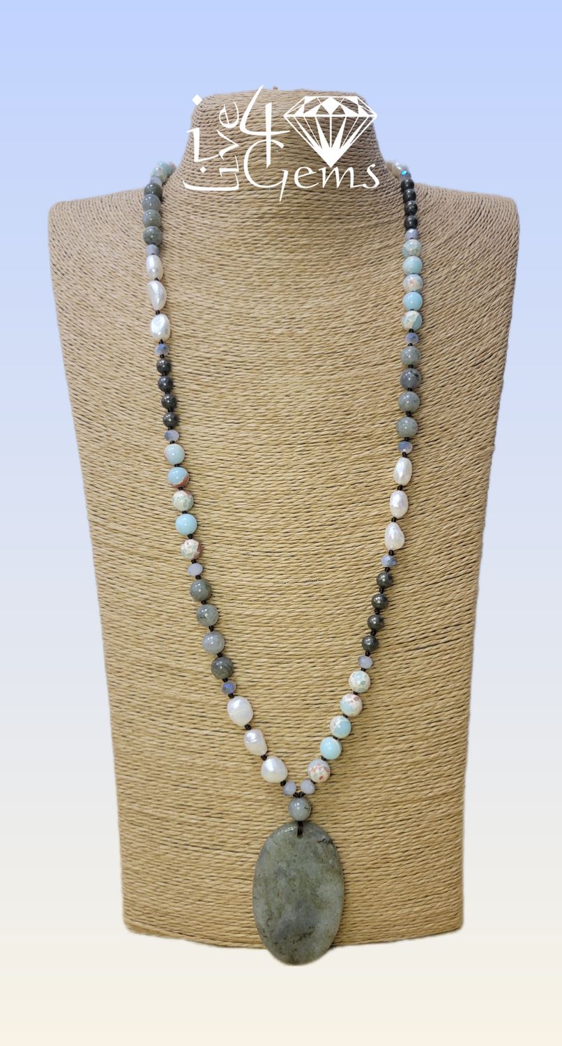 Oval Labradorite Geo Pend, Snake Skin Agate, White Magnesite, Crystal 32&quot;L