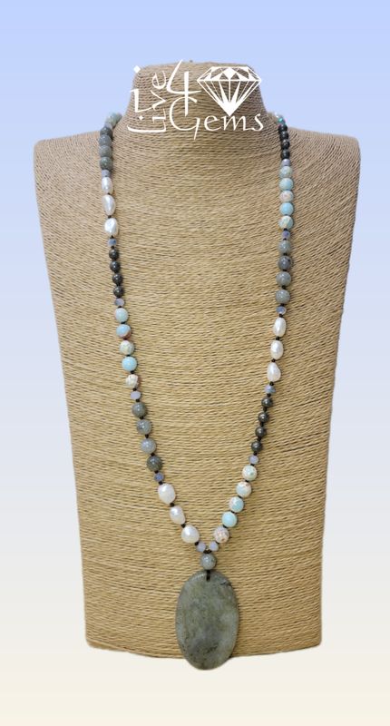 Oval Labradorite Geo Pendant, Snake Skin Agate, White Magnesite, Crystal Necklace 32&quot;L