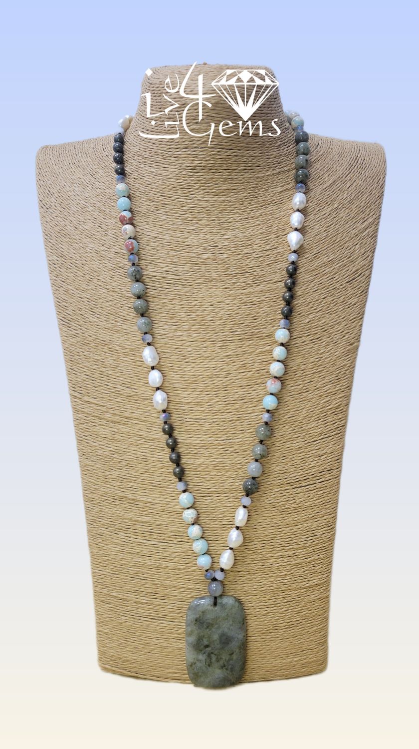 Labradorite Geo Pend, Snake Skin Agate, White Magnesite, Crystal 32&quot;L