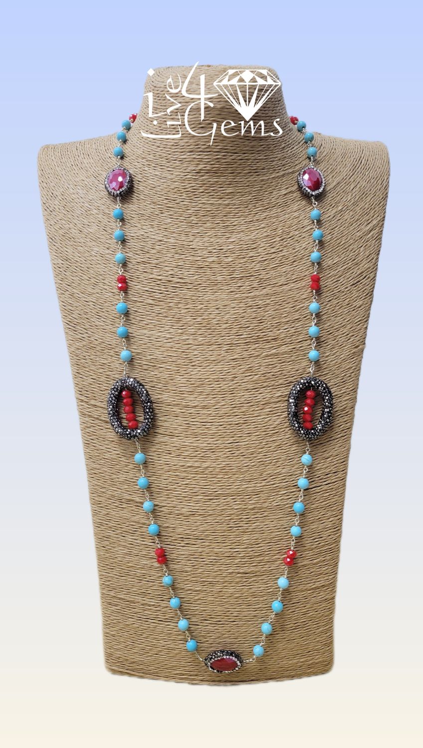 Turquoise, Red Crystal, Micro-Druzy Necklace