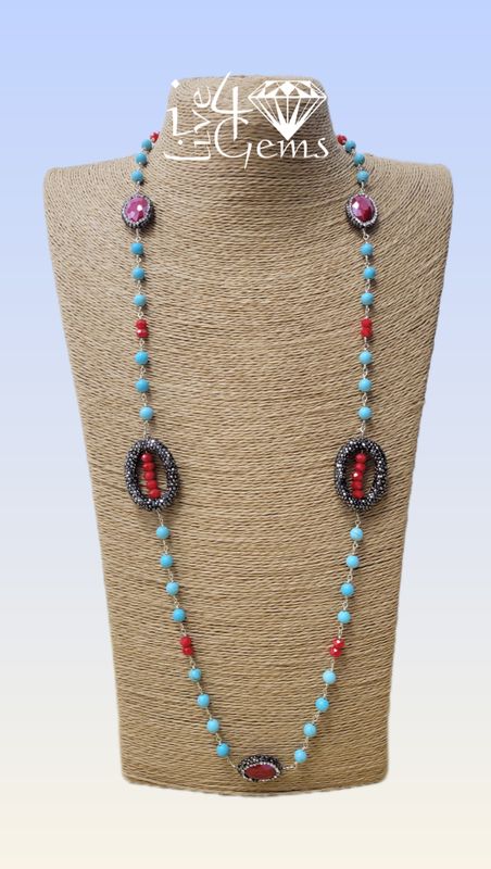Turquoise, Red Crystal, Micro-druzy Necklace
