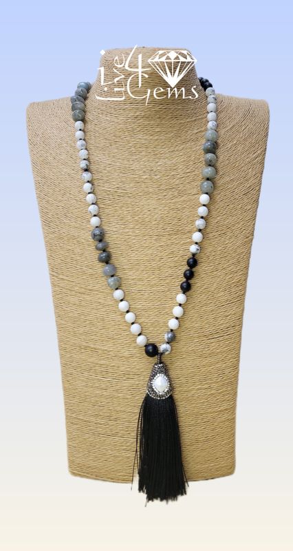 Black Onyx , Howlite , Labradorite, Mother Of Pearl Detach  Silk Tassel Necklace