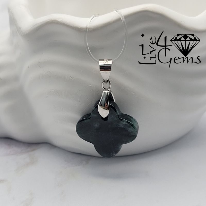 Silver Dark Green Jade Clover Pendant 1.5cm with Chain