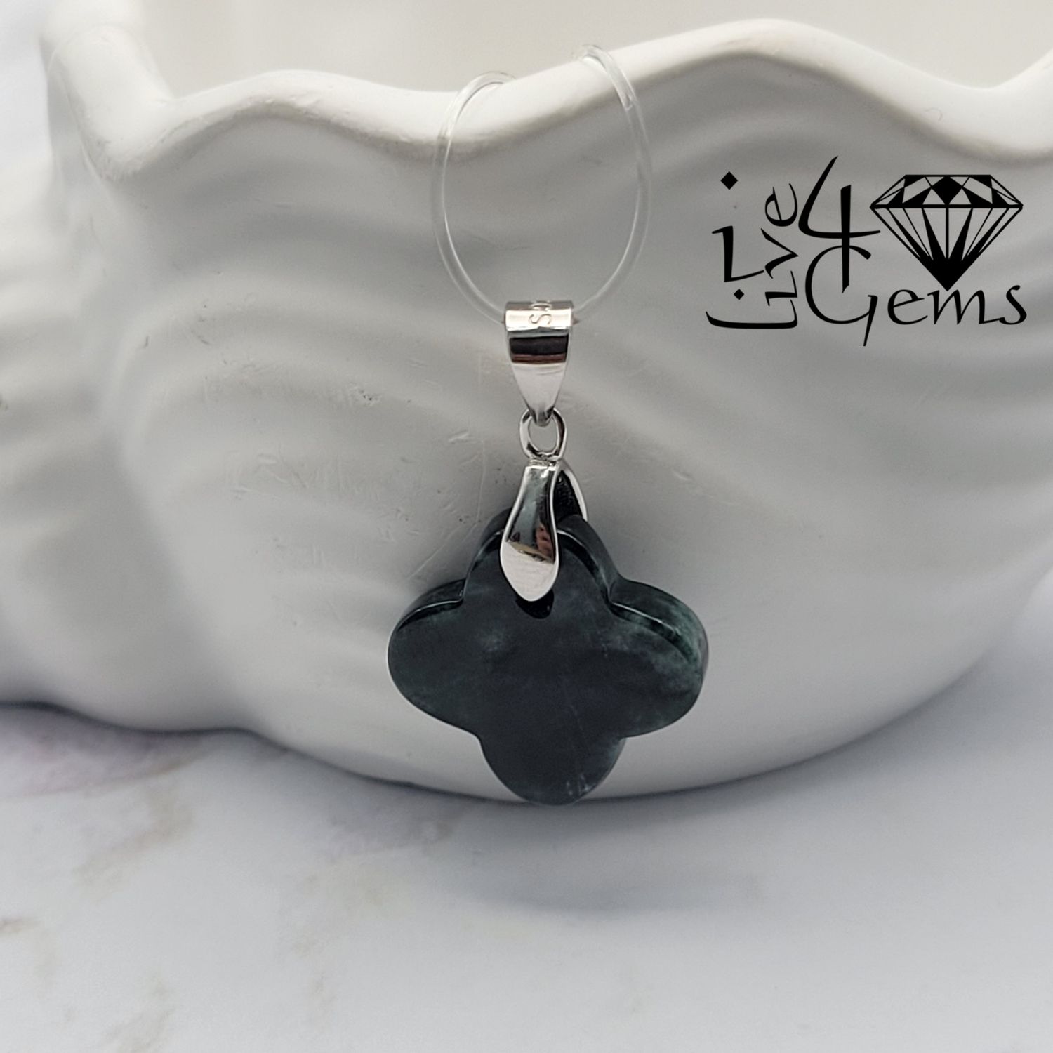 Silver Dark Green Jade Clover Pendant 1.5cm with Chain