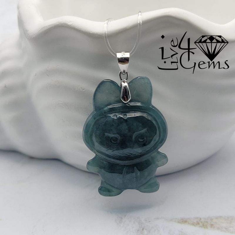 Silver Green Jade Labubu Pendant 2.5cm with Chain