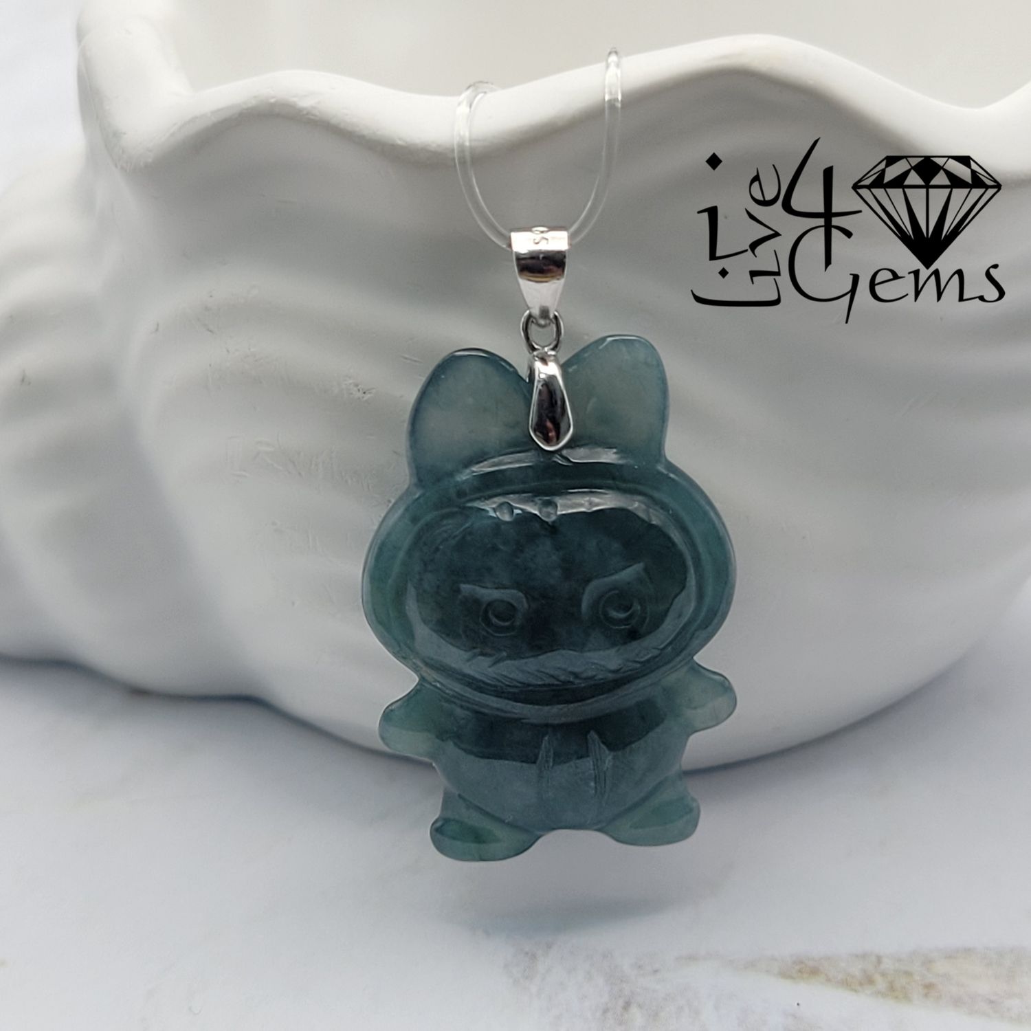 Silver Green Jade Labubu Pendant 2.5cm with Chain