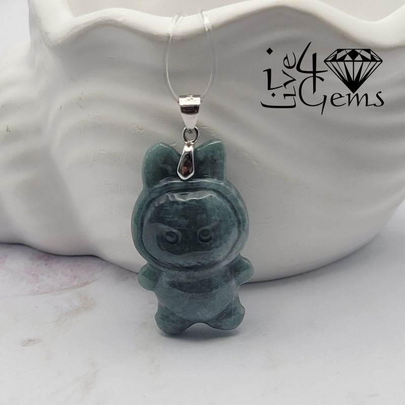 Silver Green Jade Labubu Pendant 3cm with Chain