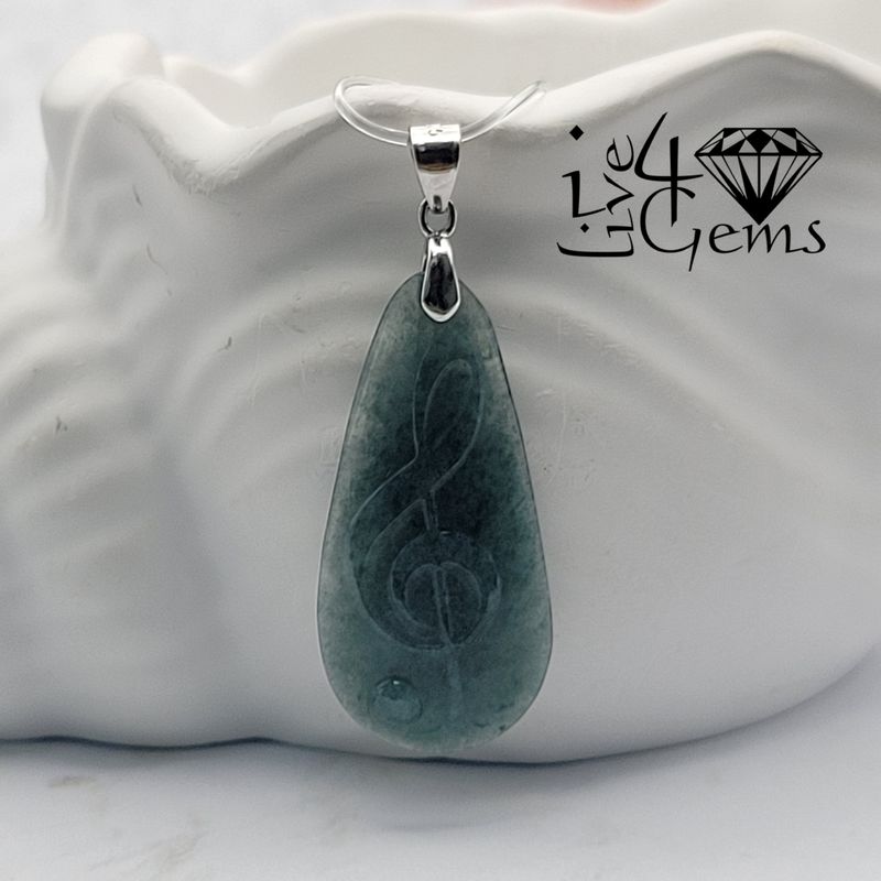 Silver Green Jade Music Note Pendant 2.5cm with Chain