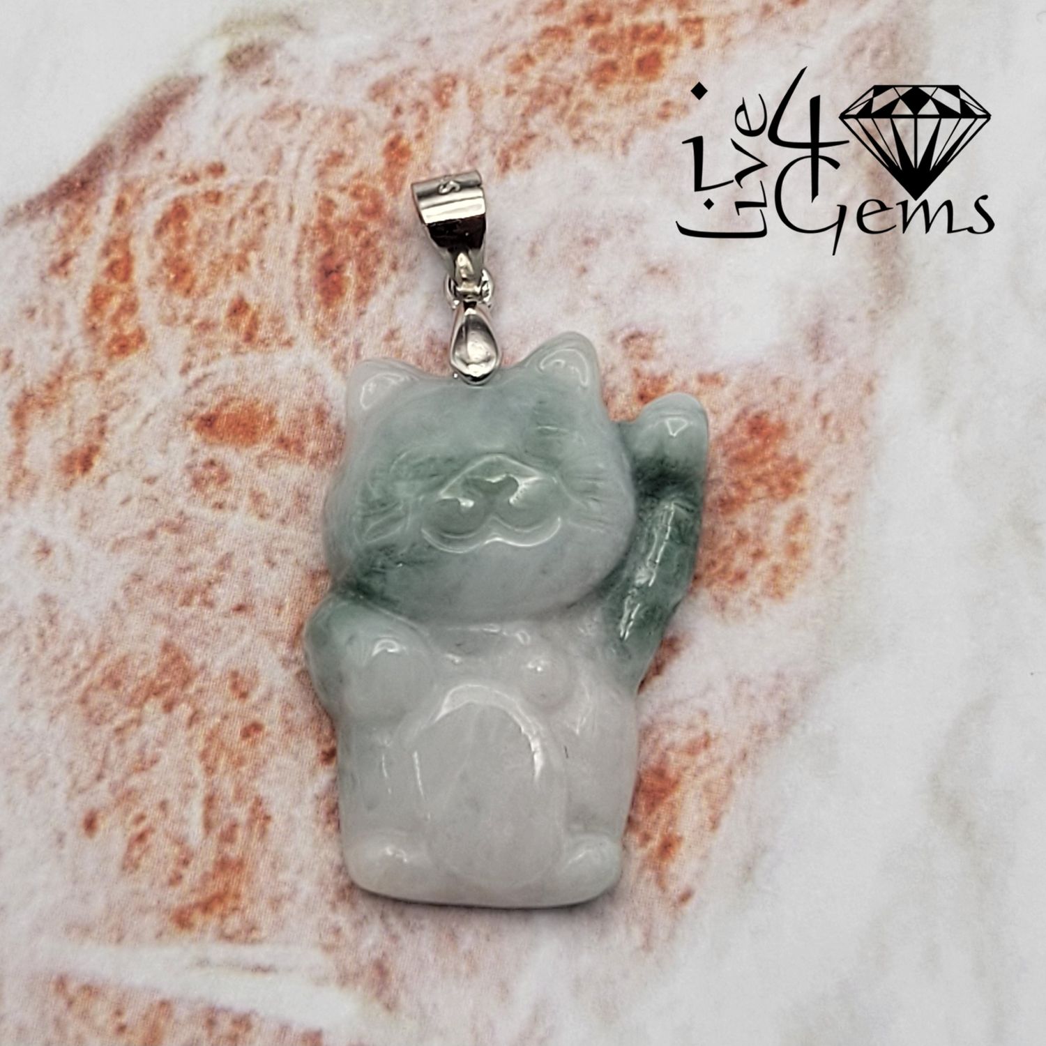 Silver Light Green Jade Lucky Cat Pendant 2cm with Chain