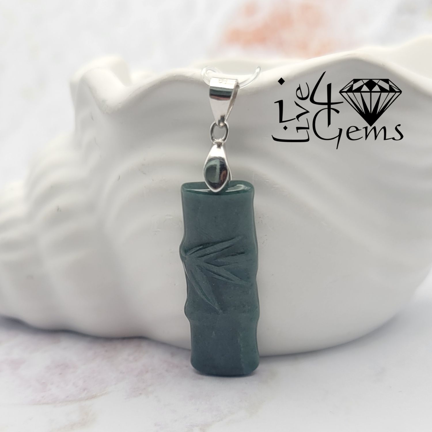 Silver Green Jade Bamboo Pendant 3cm with Chain