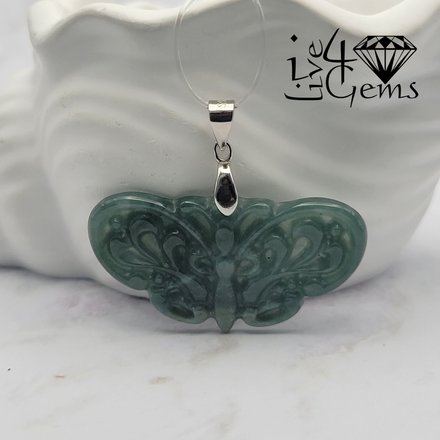 Silver Green Jade Butterfly Pendant 2cm x 3.5cm with Chain
