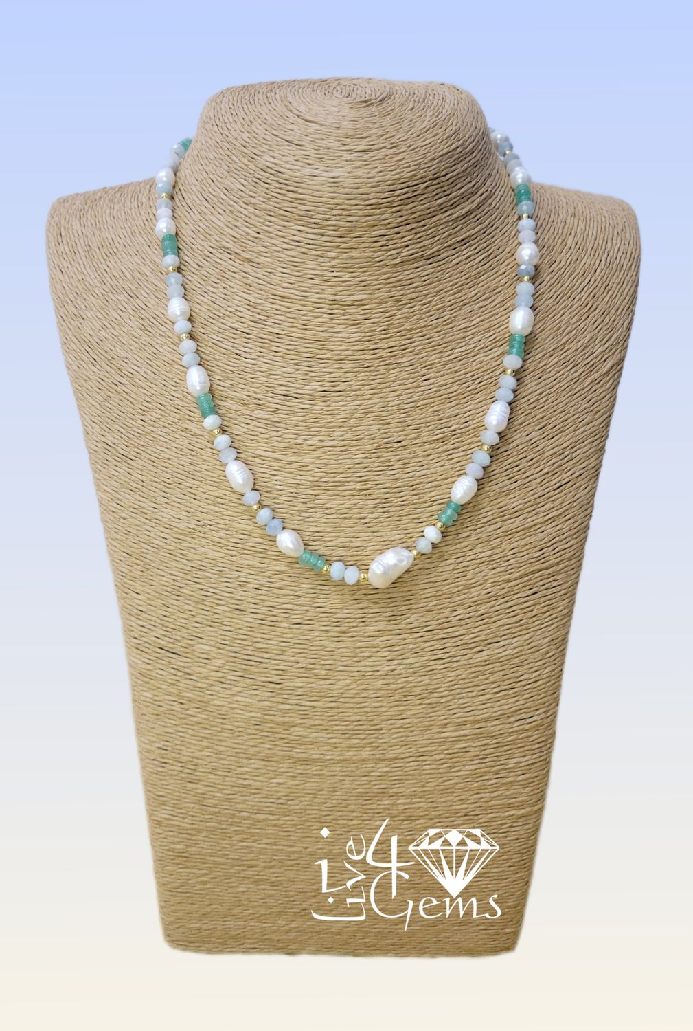 17.5&quot; Aquamarine Quartz w Aventurine Beads and Freshwater Pearl Necklace