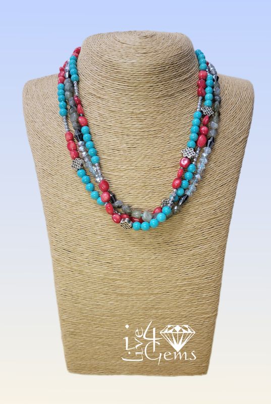 18.5&quot; Turquoise, Labradorite, Hematite, Red Coral Multi Gemstone Necklace