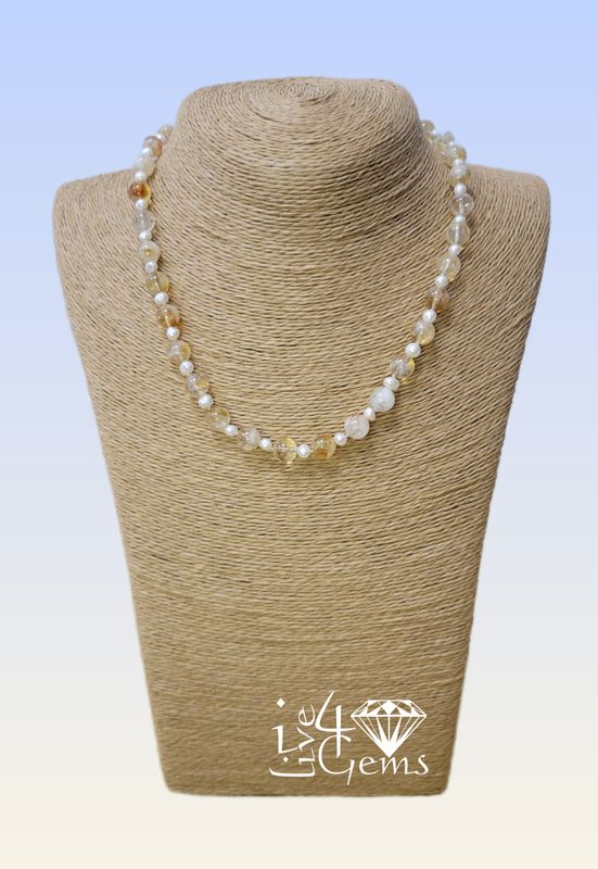 18&quot; Hand-Beaded Citrine and Pearl Necklace