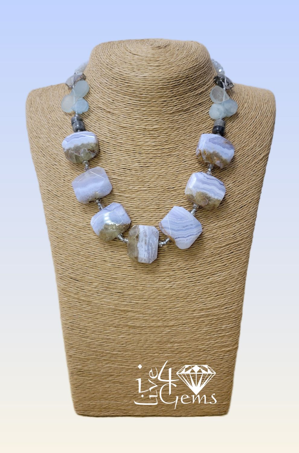 Blue Lace Agate Slab Necklace 17.5&quot;L 1.5ext