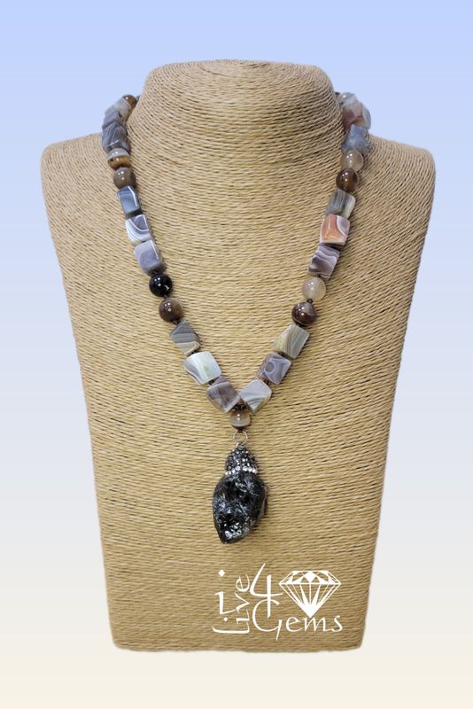 Botswana Agate, Brown Agate, Smoky Quartz Pend- 18&quot;L  1.5&quot; Extend