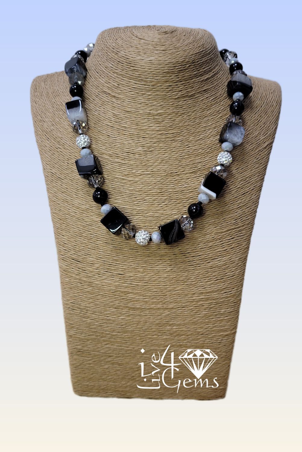 Madagascar Blk Striped Agate Cube, Druzy, Crystal Necklace 18&quot;L 1.5&quot;Ext
