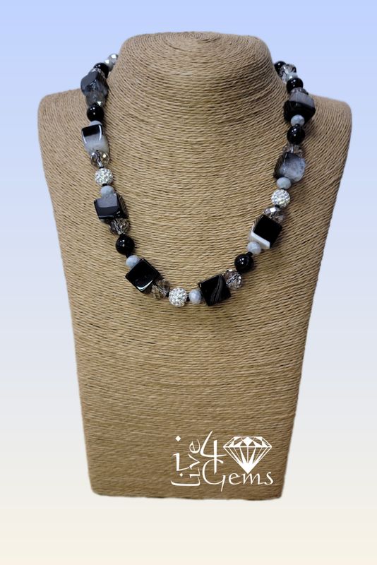 Madagascar Blk Striped Agate Cube, Druzy, Crystal Necklace 18&quot;L 1.5&quot;Ext