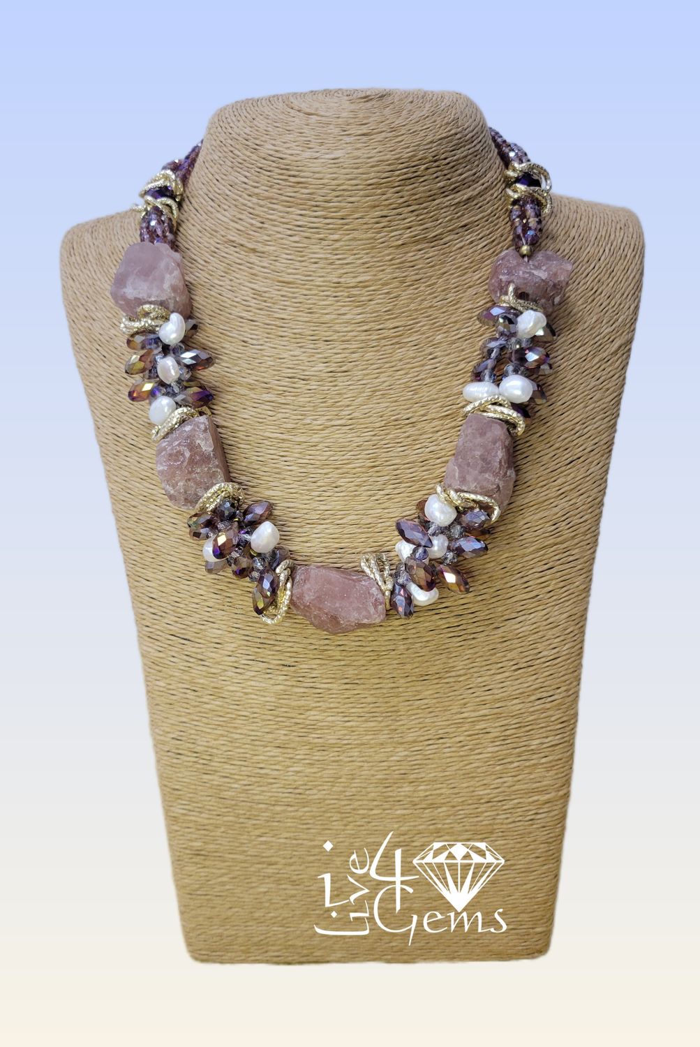 Strawberry Quartz Faceted Magnetic Necklace Briolettes, Pearls, Crystals 20”L