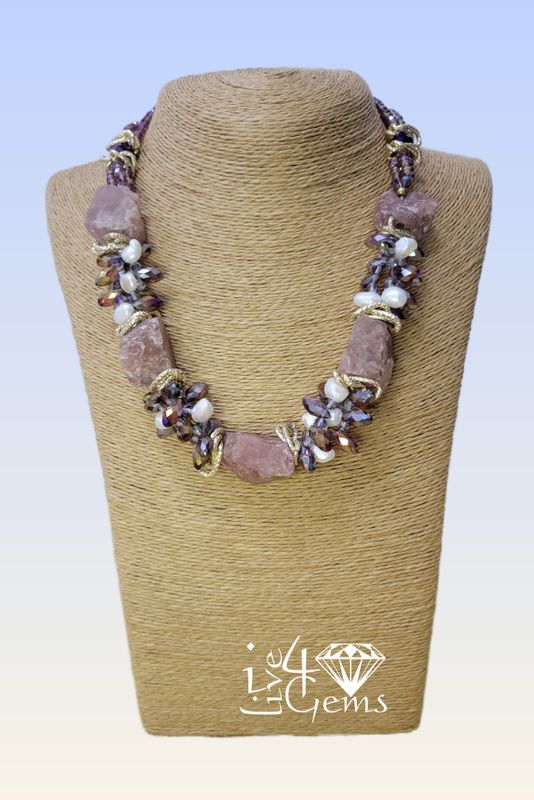 Strawberry Quartz Faceted Magnetic Necklace Briolettes, Pearls, Crystals 20”L